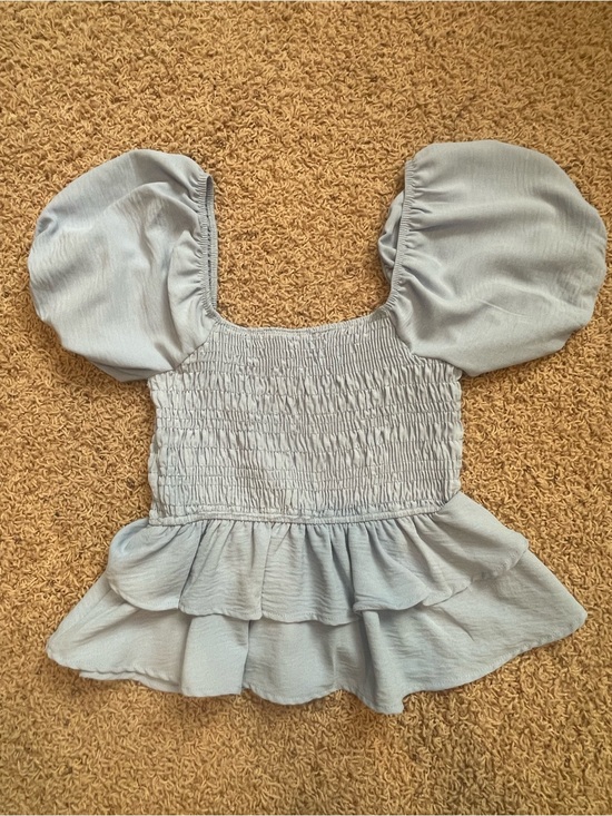 Altar'd State Tops - Altar'd State Light Blue Puff Sleeve Smocked Peplum Top